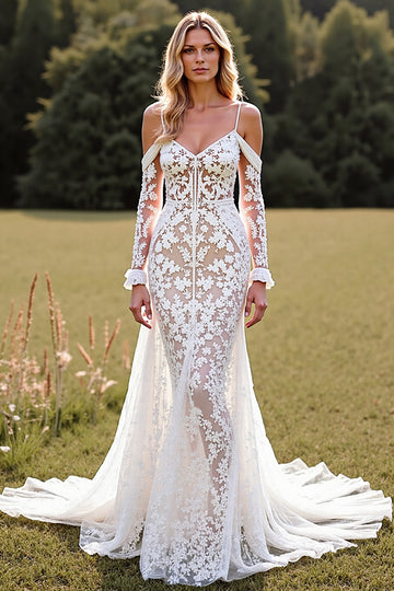 Lace Cold Shoulder Mermaid White Wedding Dress